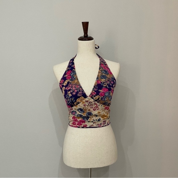 HALTER Floral Colorful Reversible Crop Top - Picture 1 of 12